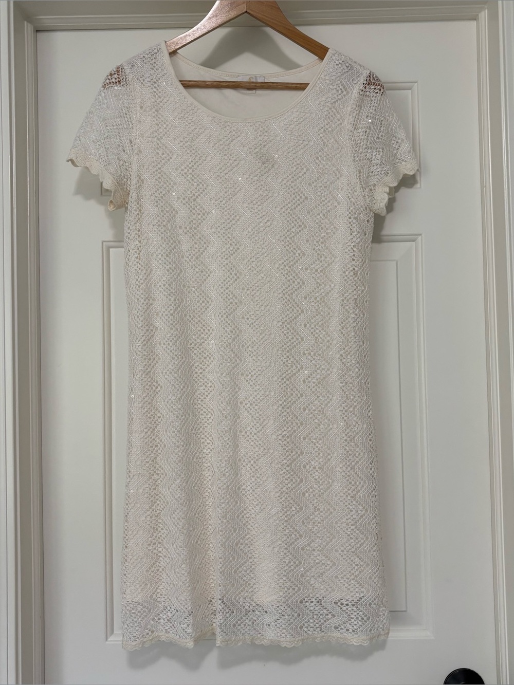 ✨ Charming Charlie Ivory Chevron Lace Shift Dress – Short Sleeve Scalloped Mini